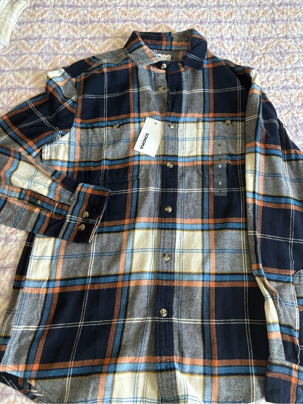 Sonoma Navy, Cream & Orange Plaid Button-Down Shirt